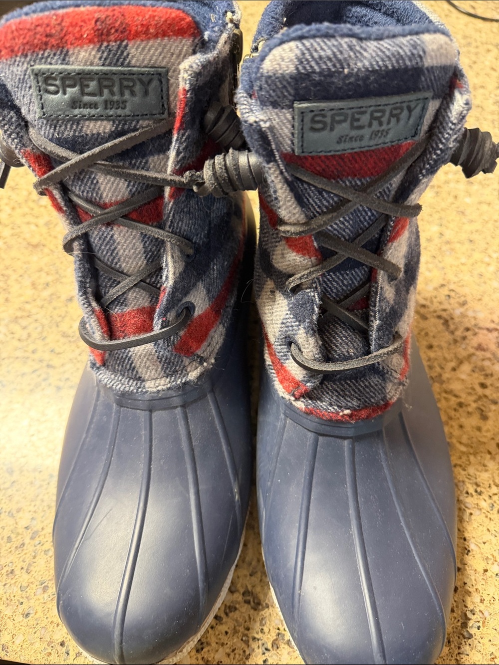 Sperry Navy and Red Plaid Women’s Waterproof Duck Boots